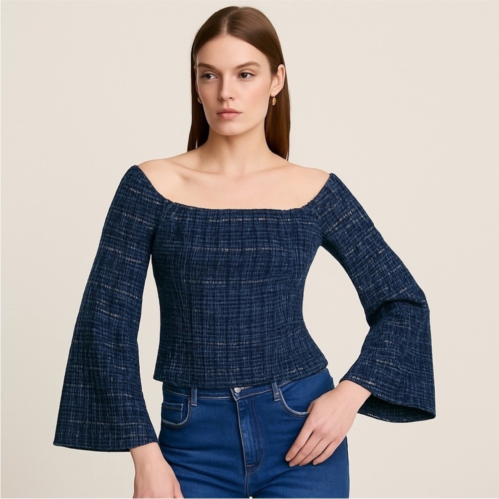 NWT Zara Navy Tweed Off-Shoulder Top